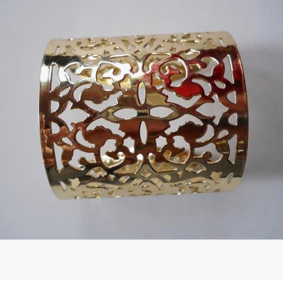 Filigree Cut Out Statement Wide Large Cuff Metal Bangle Bracelet Gold Tone - Picture 3 of 10